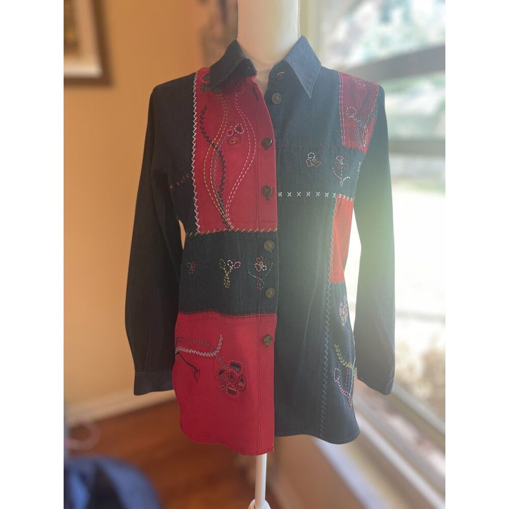 Patchwork Embroidered Denim Shirt Boho Folk Art Button Up Artsy Top Sz S Petite - Picture 9 of 15